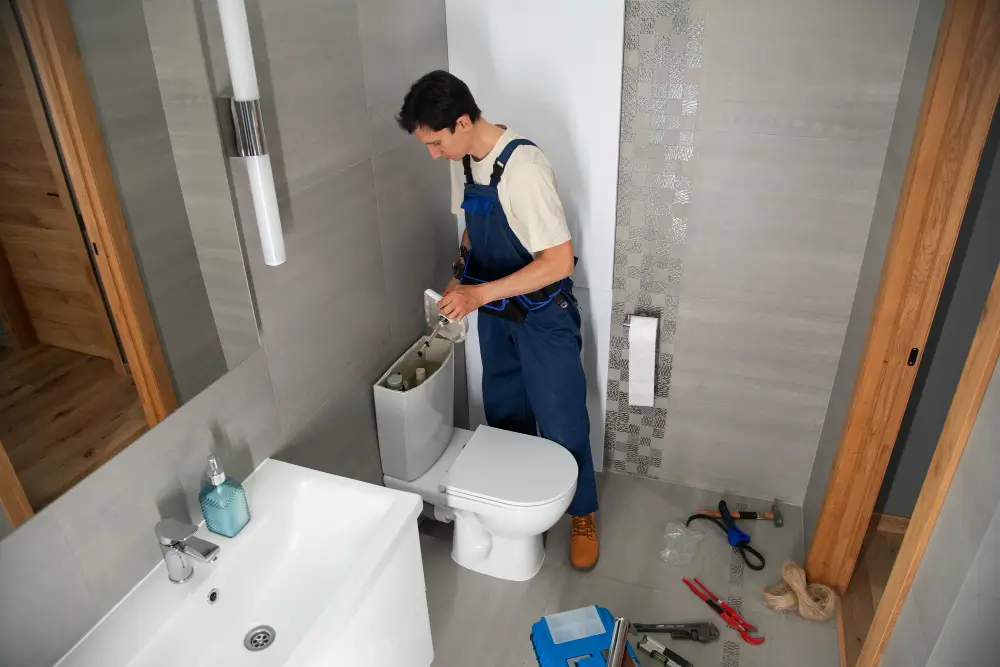Plumber repairing toilet in Oshawa